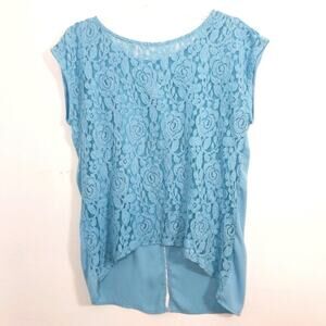 Tru Self lace chiffon high low split tail back top